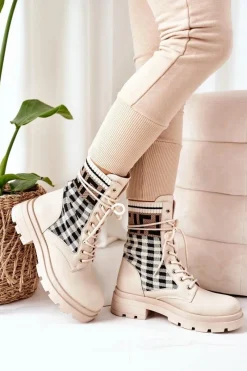 Best Workery Z Elastycznej Tkaniny Beżowe Love Story Damskie Botki Sznurowane|Botki Zimowe Damskie
