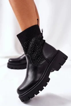 Discount Workery Z Elastycznej Tkaniny Z Cyrkoniami Czarne XOXO Damskie Czarne Botki|Botki Zimowe Damskie