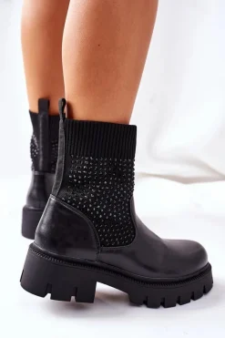 Discount Workery Z Elastycznej Tkaniny Z Cyrkoniami Czarne XOXO Damskie Czarne Botki|Botki Zimowe Damskie