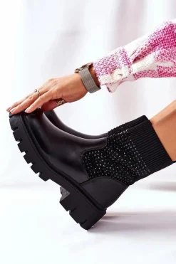 Discount Workery Z Elastycznej Tkaniny Z Cyrkoniami Czarne XOXO Damskie Czarne Botki|Botki Zimowe Damskie