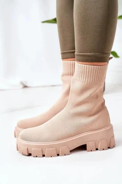 Sale Boto Workery Z Elastycznej Tkaniny Na Platformie Beżowe Inspiration