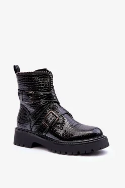 Sale Boto Wężowe Botki Damskie Z Paskami Czarne Leora