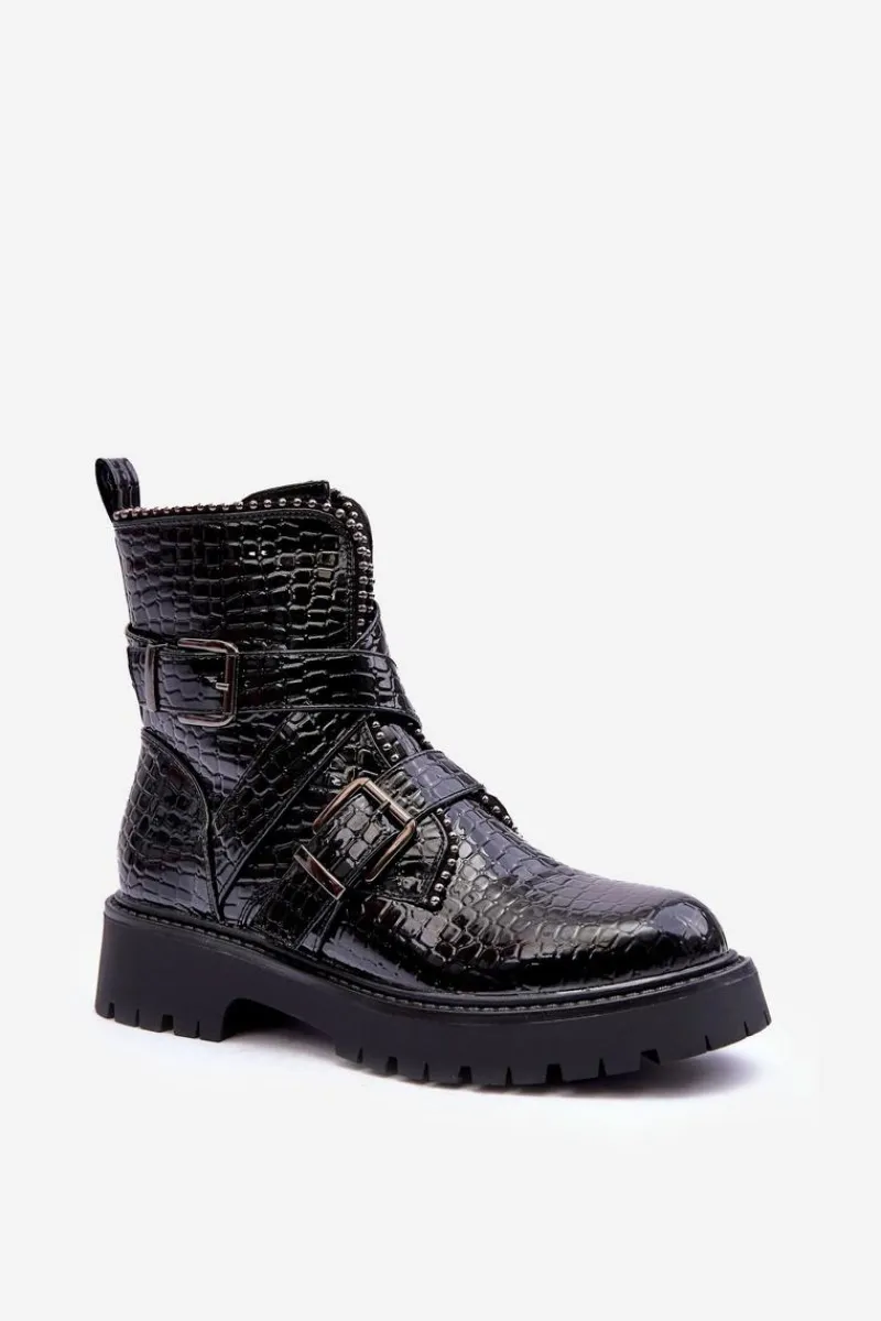 Sale Boto Wężowe Botki Damskie Z Paskami Czarne Leora