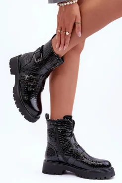 Sale Boto Wężowe Botki Damskie Z Paskami Czarne Leora