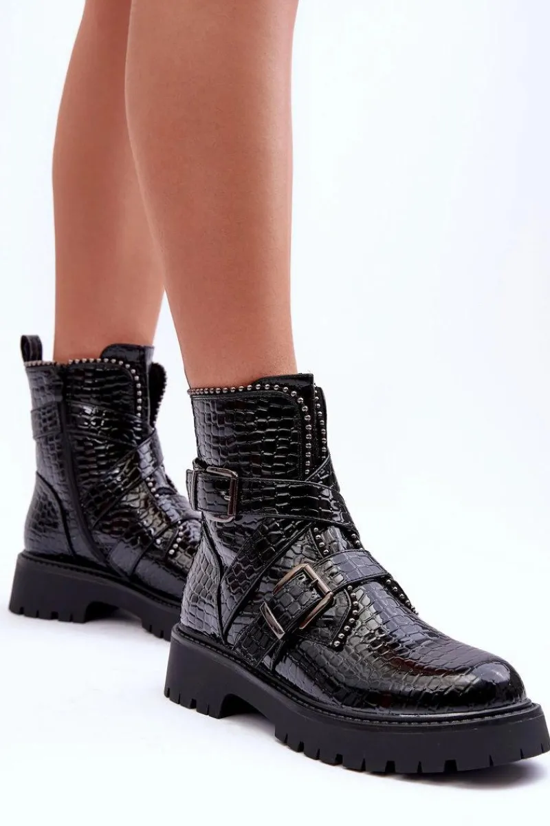 Sale Boto Wężowe Botki Damskie Z Paskami Czarne Leora
