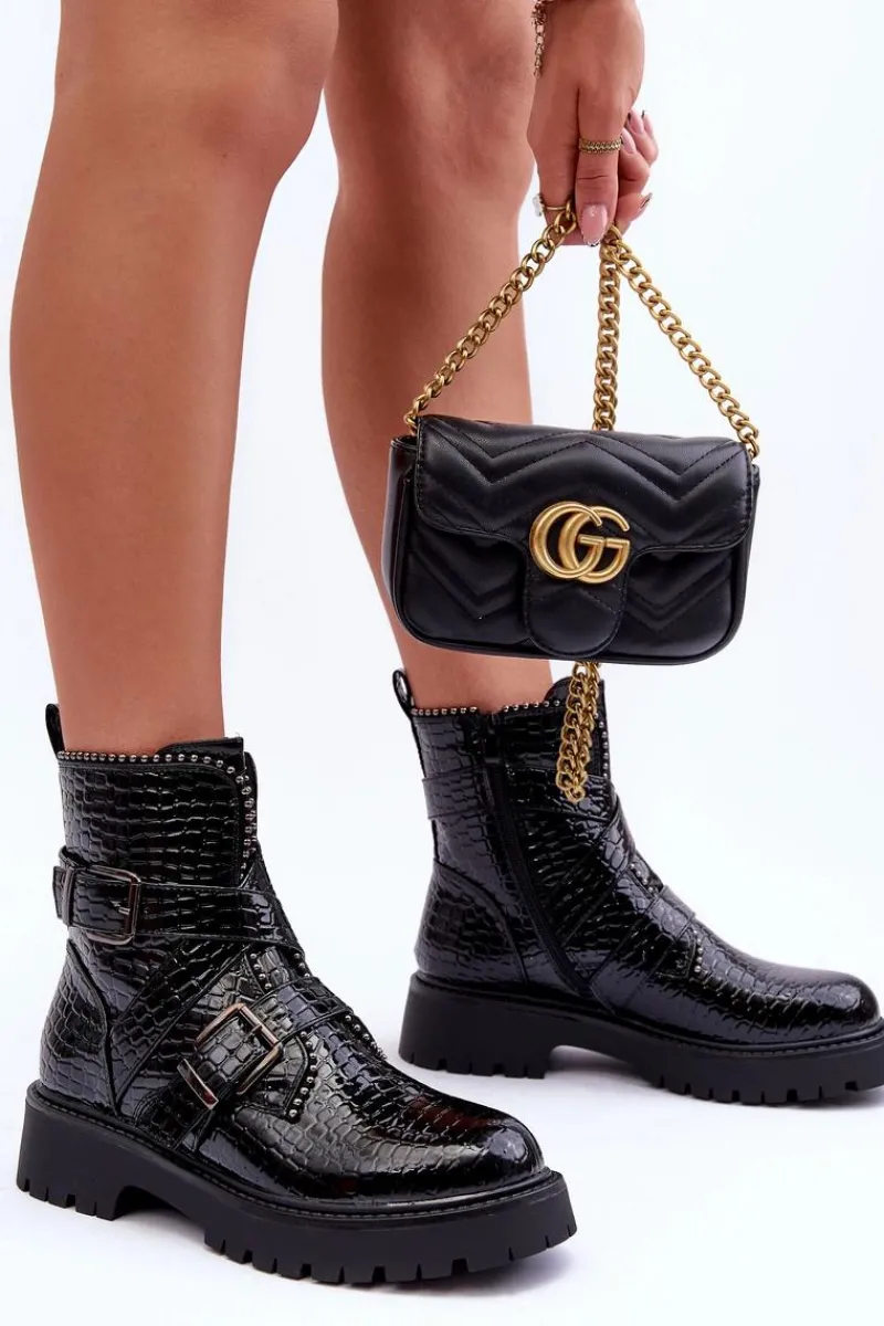 Sale Boto Wężowe Botki Damskie Z Paskami Czarne Leora