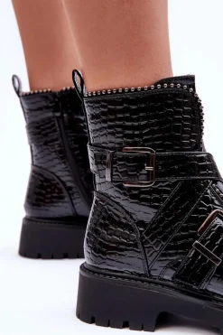 Sale Boto Wężowe Botki Damskie Z Paskami Czarne Leora