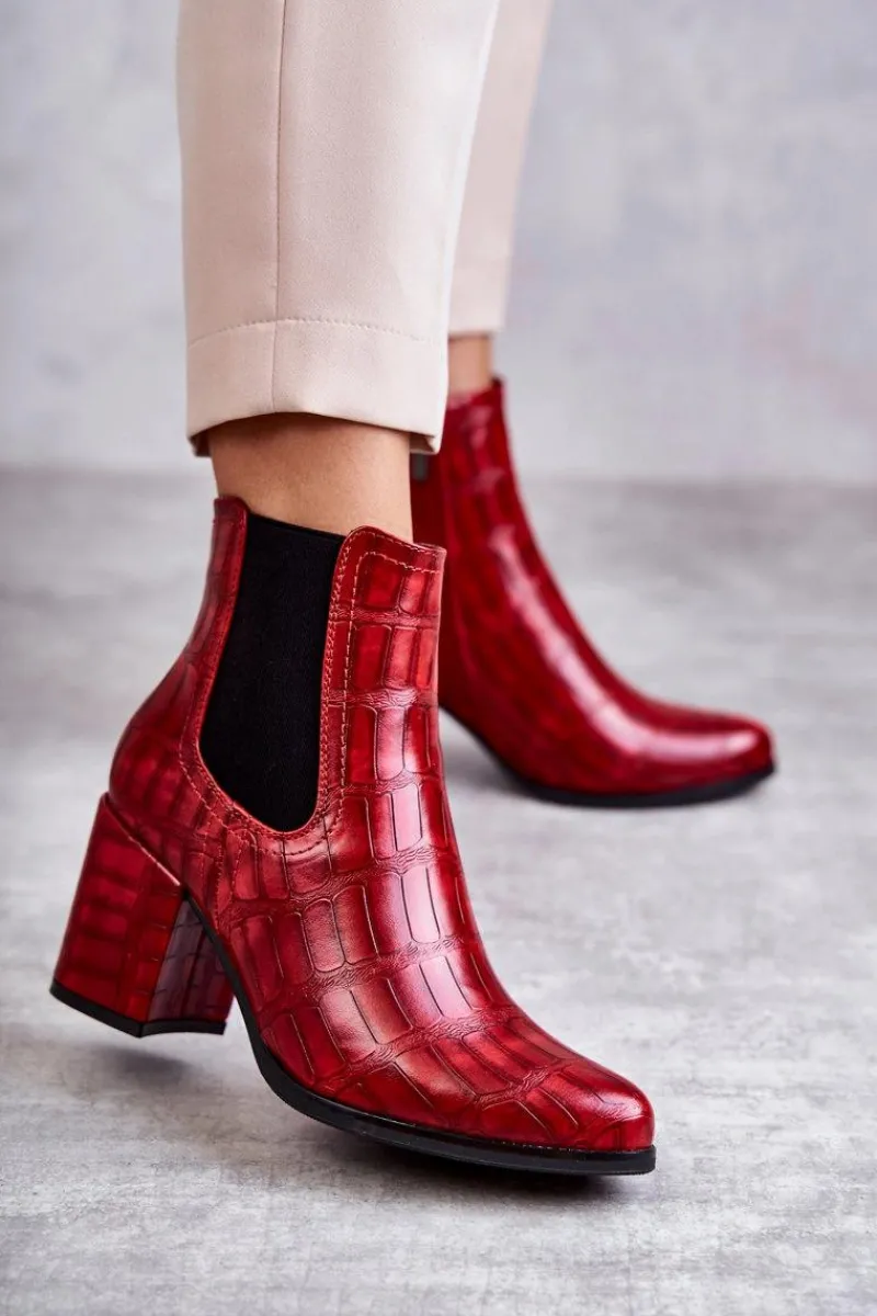 New Wężowe Skórzane Botki La.Fi 260038R-XC Czerwone Damskie Botki Na Słupku|Botki Zimowe Damskie