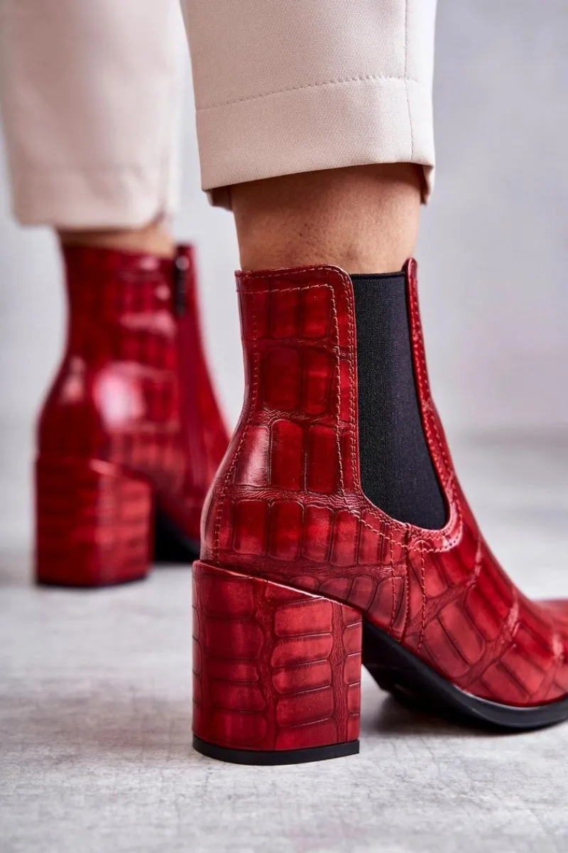 New Wężowe Skórzane Botki La.Fi 260038R-XC Czerwone Damskie Botki Na Słupku|Botki Zimowe Damskie