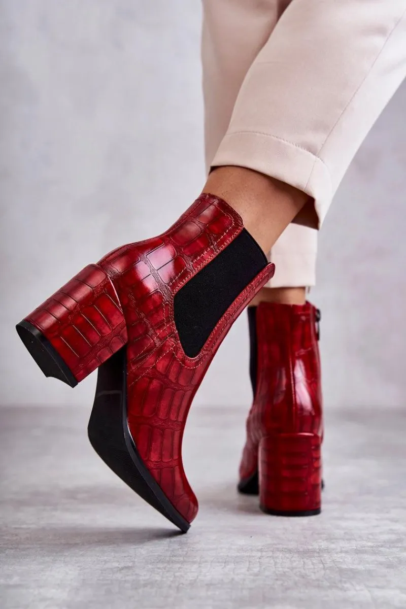 New Wężowe Skórzane Botki La.Fi 260038R-XC Czerwone Damskie Botki Na Słupku|Botki Zimowe Damskie