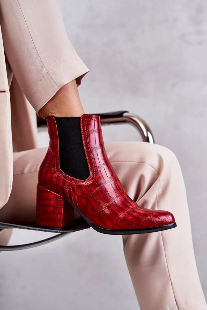 New Wężowe Skórzane Botki La.Fi 260038R-XC Czerwone Damskie Botki Na Słupku|Botki Zimowe Damskie