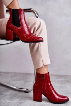 New Wężowe Skórzane Botki La.Fi 260038R-XC Czerwone Damskie Botki Na Słupku|Botki Zimowe Damskie