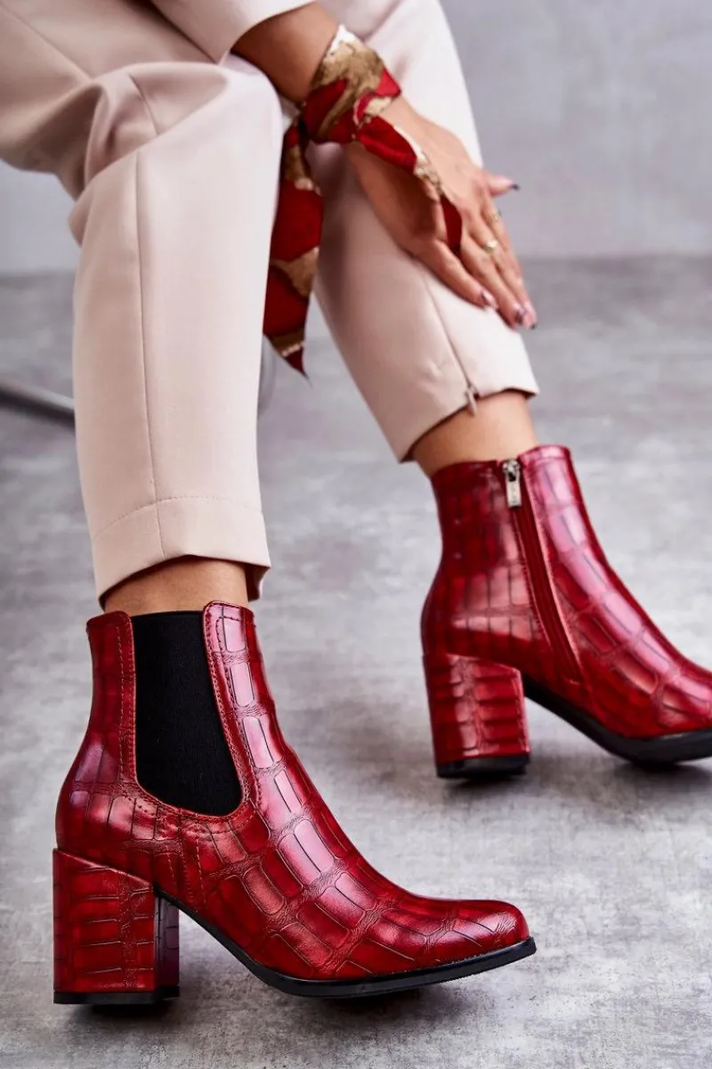 New Wężowe Skórzane Botki La.Fi 260038R-XC Czerwone Damskie Botki Na Słupku|Botki Zimowe Damskie