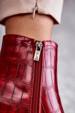 New Wężowe Skórzane Botki La.Fi 260038R-XC Czerwone Damskie Botki Na Słupku|Botki Zimowe Damskie