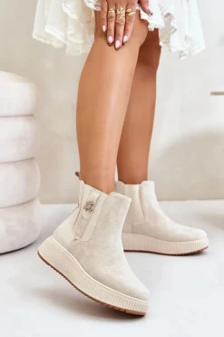 Boto Wsuwane Botki Damskie Na Platformie Z Przypinką Eko Zamszowe Jasnobeżowe Ciatheia