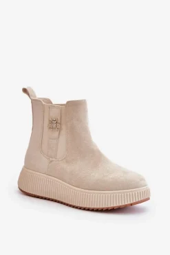 Boto Wsuwane Botki Damskie Na Platformie Z Przypinką Eko Zamszowe Jasnobeżowe Ciatheia