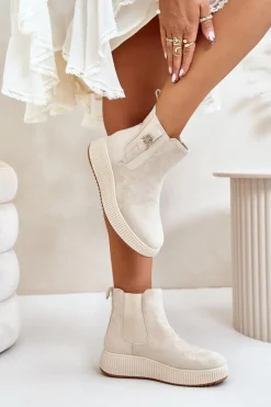 Boto Wsuwane Botki Damskie Na Platformie Z Przypinką Eko Zamszowe Jasnobeżowe Ciatheia