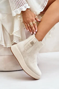 Boto Wsuwane Botki Damskie Na Platformie Z Przypinką Eko Zamszowe Jasnobeżowe Ciatheia