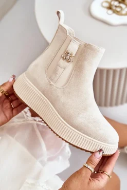 Boto Wsuwane Botki Damskie Na Platformie Z Przypinką Eko Zamszowe Jasnobeżowe Ciatheia