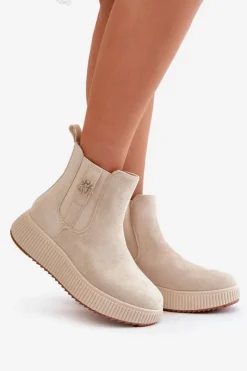 Boto Wsuwane Botki Damskie Na Platformie Z Przypinką Eko Zamszowe Jasnobeżowe Ciatheia