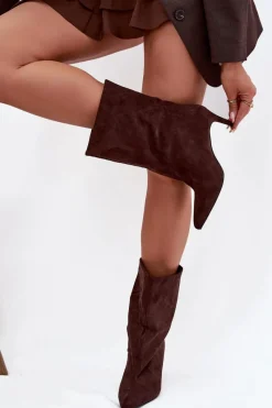 Botki Ocieplane|Botki Na Obcasie>Boto Wsuwane Botki Damskie Na Szpilce Czekoladowe Solvienne Brązowy