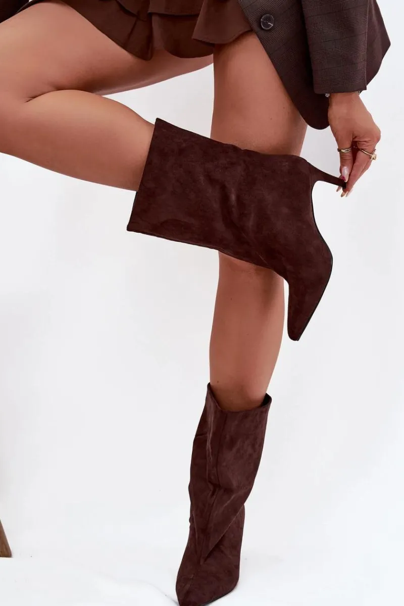 Botki Ocieplane|Botki Na Obcasie>Boto Wsuwane Botki Damskie Na Szpilce Czekoladowe Solvienne Brązowy