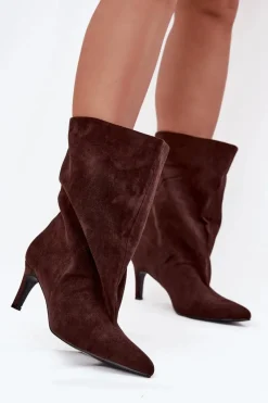 Botki Ocieplane|Botki Na Obcasie>Boto Wsuwane Botki Damskie Na Szpilce Czekoladowe Solvienne Brązowy