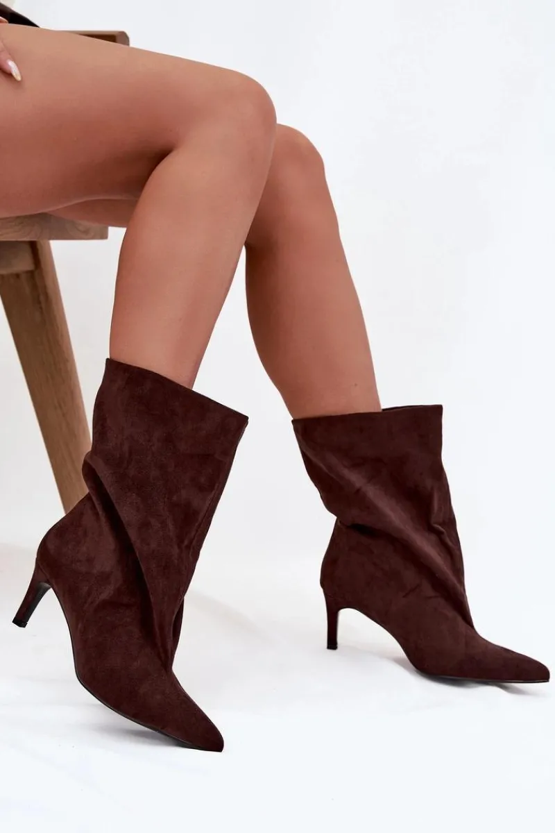 Botki Ocieplane|Botki Na Obcasie>Boto Wsuwane Botki Damskie Na Szpilce Czekoladowe Solvienne Brązowy