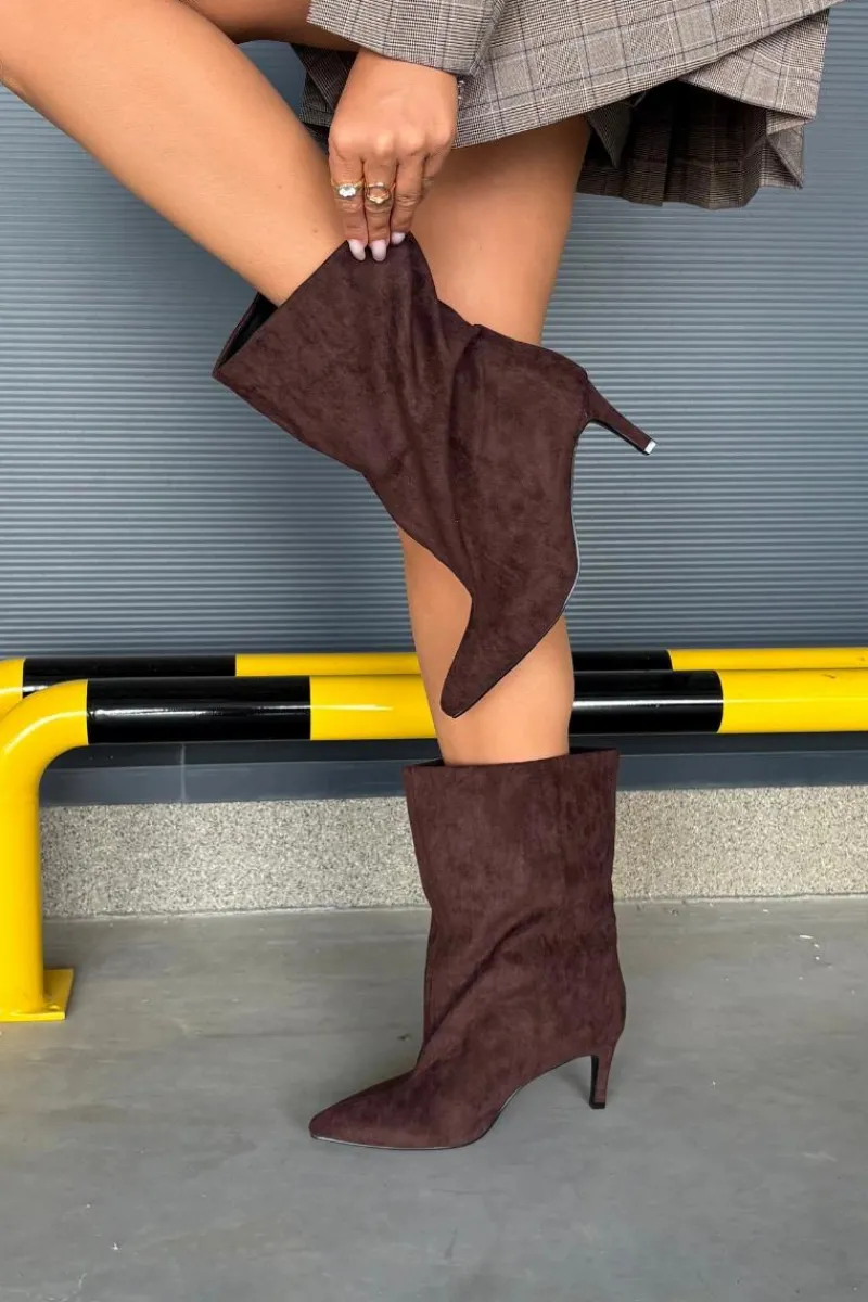 Botki Ocieplane|Botki Na Obcasie>Boto Wsuwane Botki Damskie Na Szpilce Czekoladowe Solvienne Brązowy
