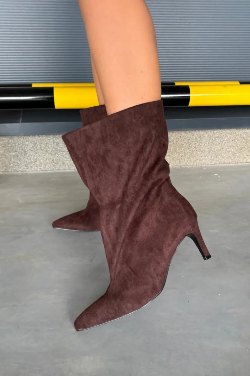 Botki Ocieplane|Botki Na Obcasie>Boto Wsuwane Botki Damskie Na Szpilce Czekoladowe Solvienne Brązowy