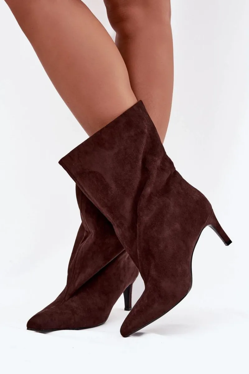 Botki Ocieplane|Botki Na Obcasie>Boto Wsuwane Botki Damskie Na Szpilce Czekoladowe Solvienne Brązowy