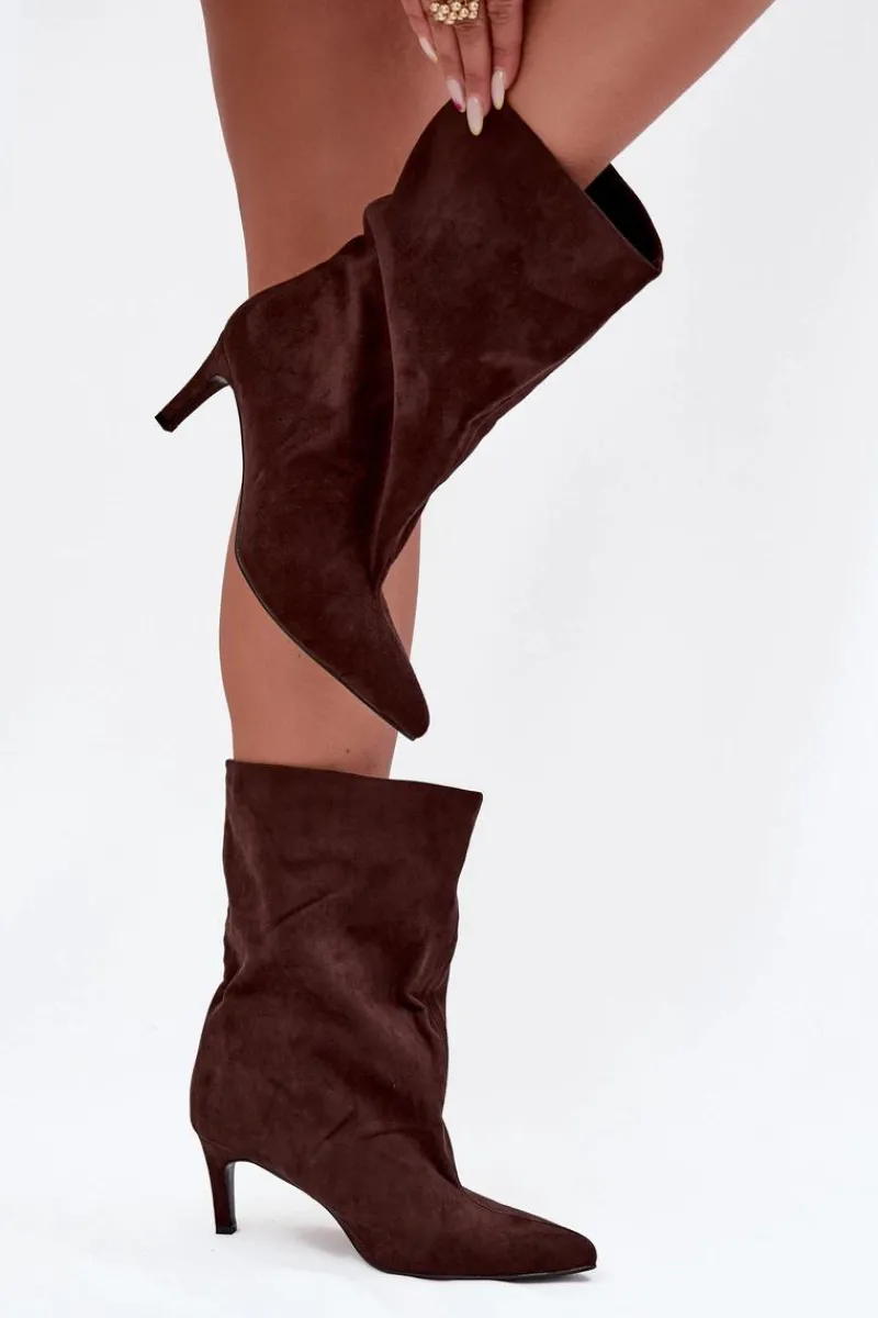Botki Ocieplane|Botki Na Obcasie>Boto Wsuwane Botki Damskie Na Szpilce Czekoladowe Solvienne Brązowy