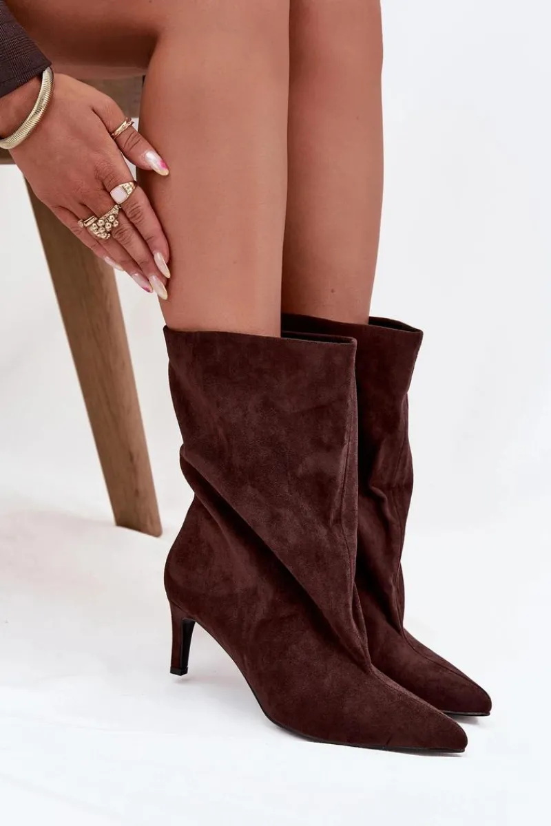 Botki Ocieplane|Botki Na Obcasie>Boto Wsuwane Botki Damskie Na Szpilce Czekoladowe Solvienne Brązowy