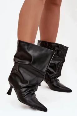 Botki Na Obcasie>Boto Wsuwane Botki Damskie Na Szpilce Z Marszczoną Cholewką Czarne Inarisse