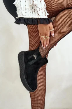 Hot Wsuwane Botki Damskie Na Platformie Z Przypinką Eko Zamszowe Czarne Ciatheia Damskie Czarne Botki|Botki Płaskie
