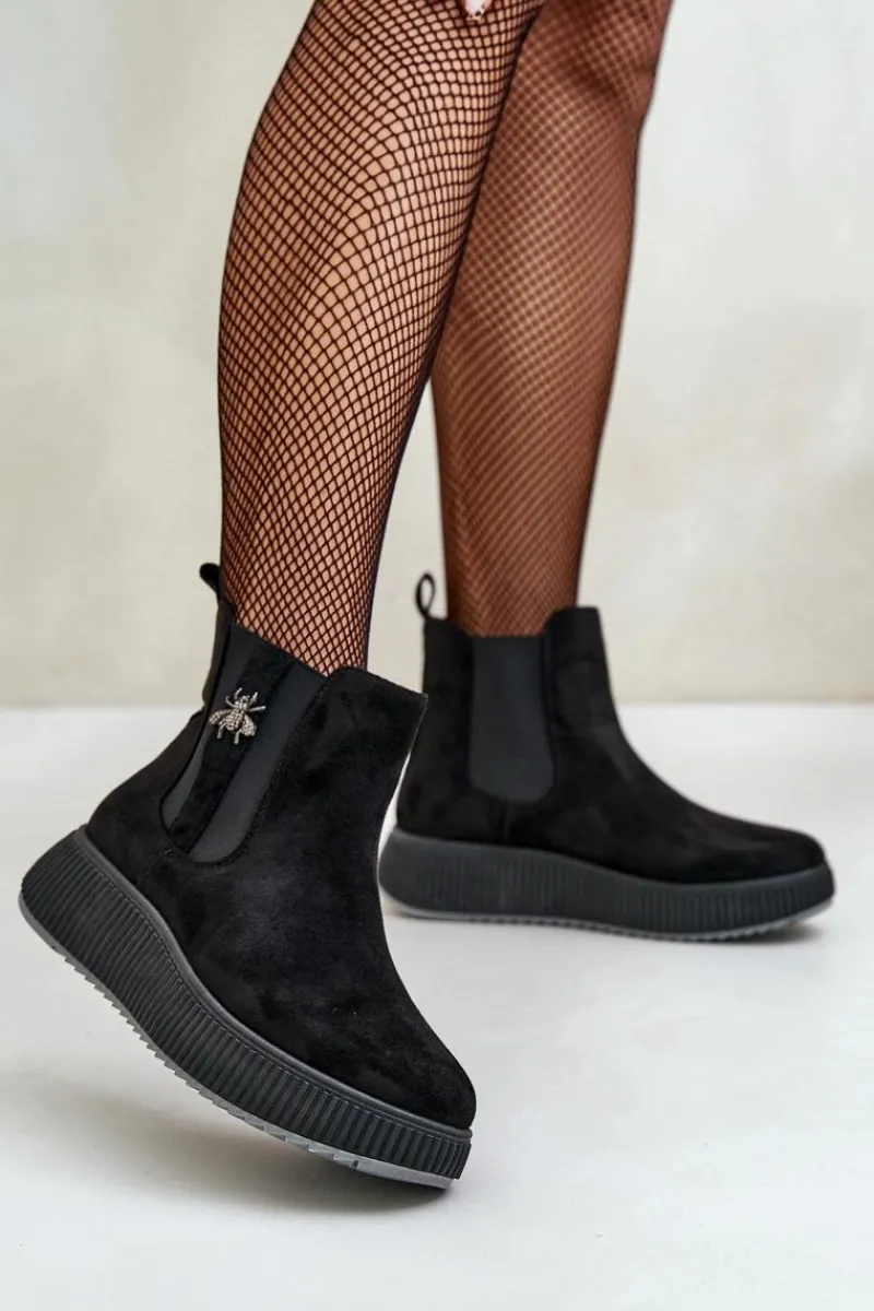 Hot Wsuwane Botki Damskie Na Platformie Z Przypinką Eko Zamszowe Czarne Ciatheia Damskie Czarne Botki|Botki Płaskie