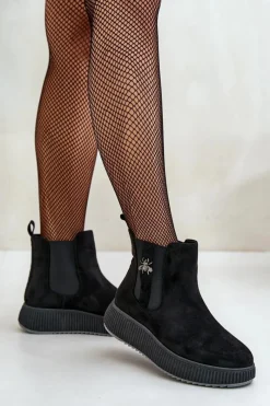 Hot Wsuwane Botki Damskie Na Platformie Z Przypinką Eko Zamszowe Czarne Ciatheia Damskie Czarne Botki|Botki Płaskie