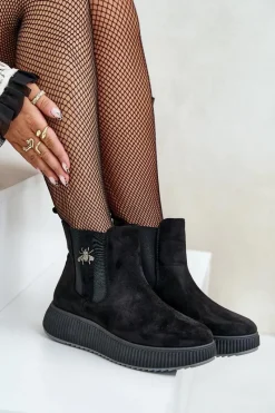Hot Wsuwane Botki Damskie Na Platformie Z Przypinką Eko Zamszowe Czarne Ciatheia Damskie Czarne Botki|Botki Płaskie