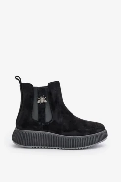 Hot Wsuwane Botki Damskie Na Platformie Z Przypinką Eko Zamszowe Czarne Ciatheia Damskie Czarne Botki|Botki Płaskie