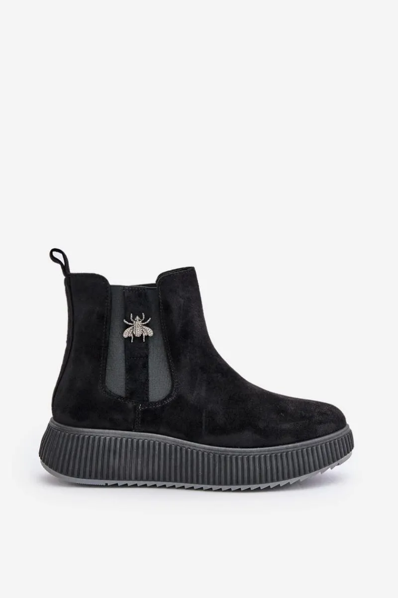 Hot Wsuwane Botki Damskie Na Platformie Z Przypinką Eko Zamszowe Czarne Ciatheia Damskie Czarne Botki|Botki Płaskie