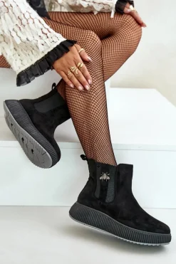 Hot Wsuwane Botki Damskie Na Platformie Z Przypinką Eko Zamszowe Czarne Ciatheia Damskie Czarne Botki|Botki Płaskie