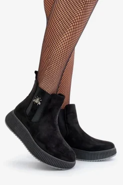 Hot Wsuwane Botki Damskie Na Platformie Z Przypinką Eko Zamszowe Czarne Ciatheia Damskie Czarne Botki|Botki Płaskie