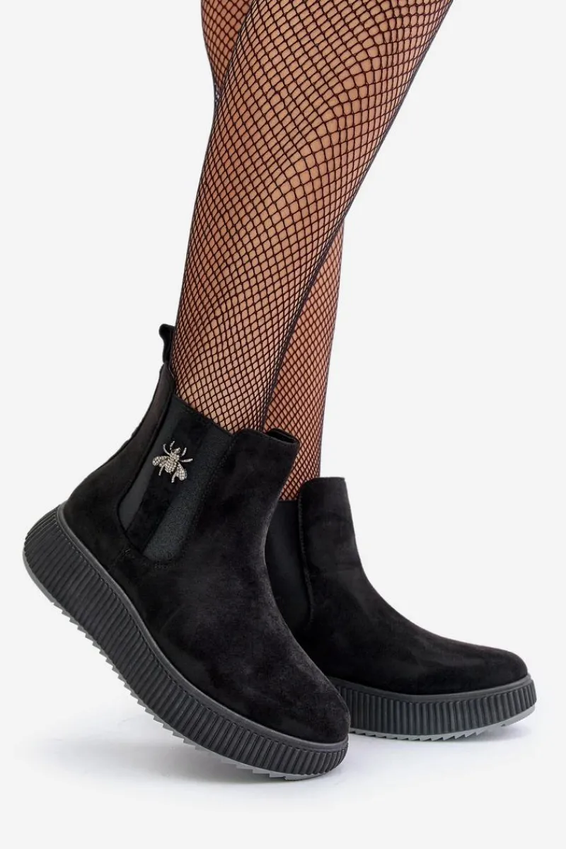 Hot Wsuwane Botki Damskie Na Platformie Z Przypinką Eko Zamszowe Czarne Ciatheia Damskie Czarne Botki|Botki Płaskie