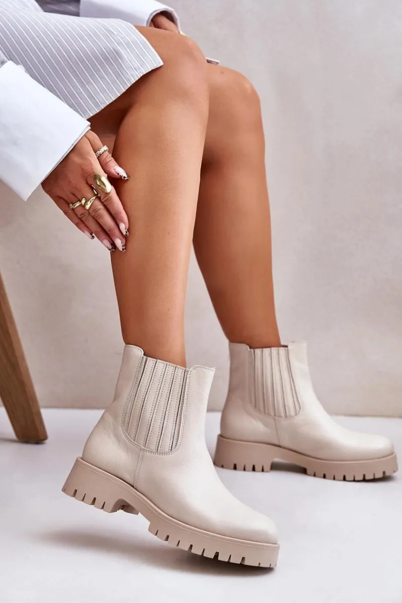 New Boto Wsuwane Botki Damskie Na Płaskim Obcasie Skórzane Lewski 3611 Jasnobeżowe Beżowy