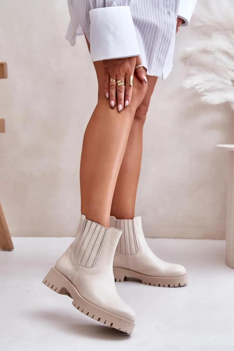 New Boto Wsuwane Botki Damskie Na Płaskim Obcasie Skórzane Lewski 3611 Jasnobeżowe Beżowy