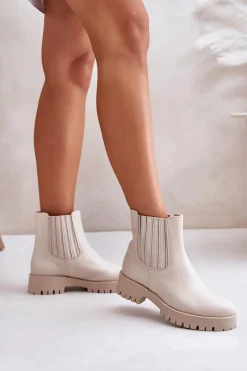 New Boto Wsuwane Botki Damskie Na Płaskim Obcasie Skórzane Lewski 3611 Jasnobeżowe Beżowy