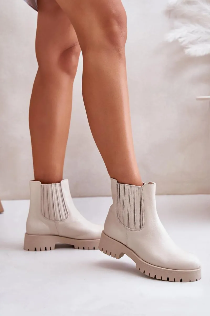 New Boto Wsuwane Botki Damskie Na Płaskim Obcasie Skórzane Lewski 3611 Jasnobeżowe Beżowy