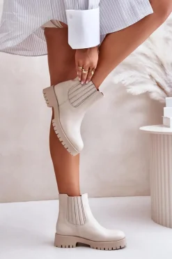 New Boto Wsuwane Botki Damskie Na Płaskim Obcasie Skórzane Lewski 3611 Jasnobeżowe Beżowy