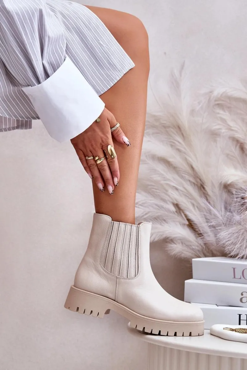 New Boto Wsuwane Botki Damskie Na Płaskim Obcasie Skórzane Lewski 3611 Jasnobeżowe Beżowy