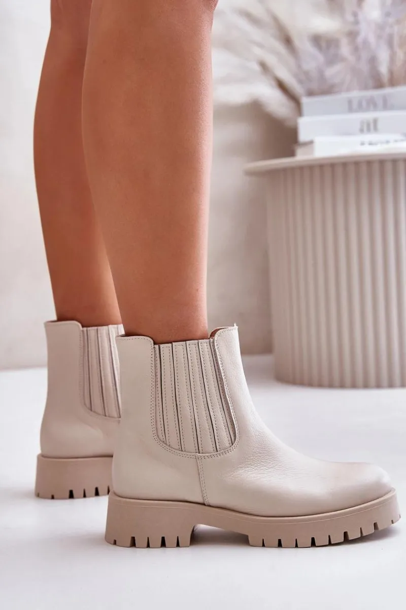 New Boto Wsuwane Botki Damskie Na Płaskim Obcasie Skórzane Lewski 3611 Jasnobeżowe Beżowy